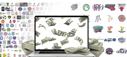 ordinateur avec logos équipes de foot, basket, et billets $